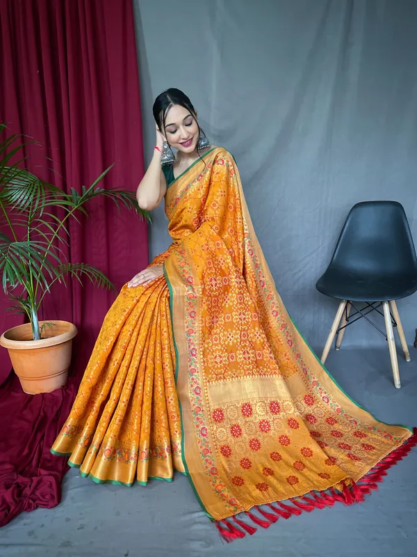 Mustard_Pure_Bandhej_Patola_Silk_Sarees_with_Minakari_Work_With_Blouse_Piece_Attached